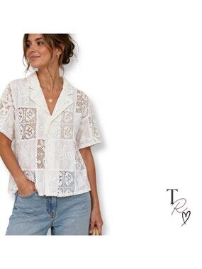 Flat White Lace Eyelet Patchwork Button Front Top in White Boho Cottagecore XS/S